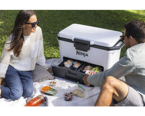 Szene mit einem Ninja Kühlbehälter, der auf einer Decke im Freien steht, umgeben von zwei Personen und verschiedenen Lebensmitteln.