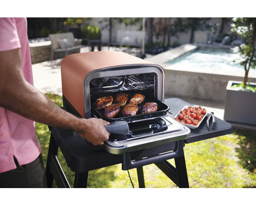 Cuisine extérieure avec four et nourriture dans le jardin.