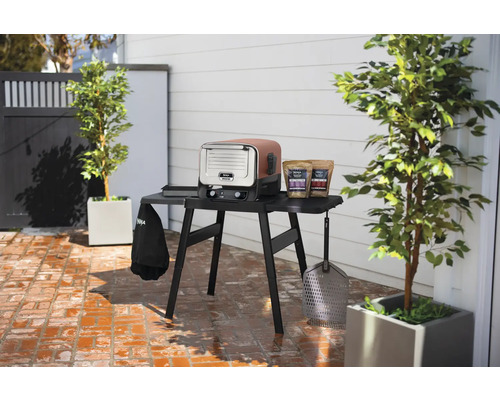 Scène d''extérieur avec un barbecue électrique Ninja Woodfire et des accessoires sur une table.