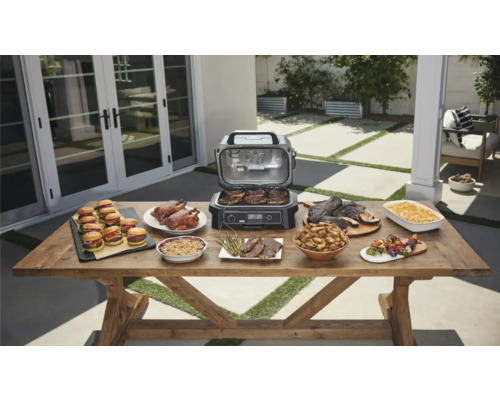 Szene im Freien mit einem Tisch voller Speisen, die mit einem elektrischen Grill zubereitet wurden.