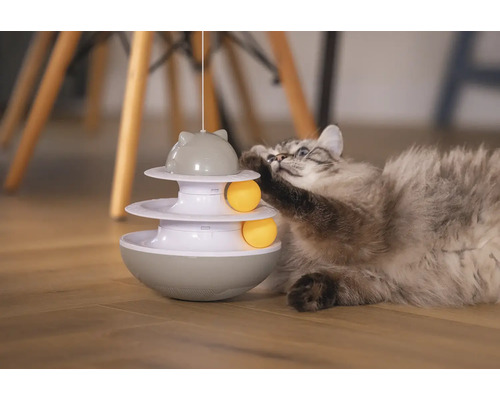 Katze spielt mit einem dreistöckigen Katzenspielzeug mit Bällen