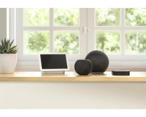 Smarte Geräte und eine Topfpflanze auf einem Fensterbrett vor einem Fenster