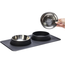 Double gamelle Karlie Dinnerset Dex support à écuelle en silicone noir env. 44 x 23 x 4,5 cm avec 2 écuelles inox, adapté au lave-vaisselle, respectivement 350 ml