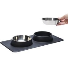 Double gamelle Karlie Dinnerset Dex support à écuelle en silicone noir env. 44 x 23 x 4,5 cm avec 2 écuelles inox, adapté au lave-vaisselle, respectivement 350 ml