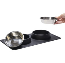 Double gamelle Karlie Dinnerset Dex support à écuelle en silicone noir env. 44 x 23 x 4,5 cm avec 2 écuelles inox, adapté au lave-vaisselle, respectivement 350 ml