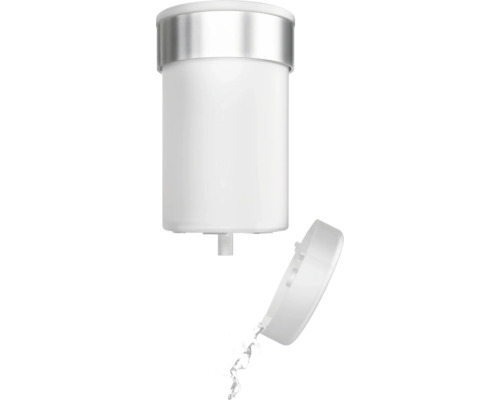 Distributeur de savon avec couvercle ouvert et savon liquide qui s''écoule