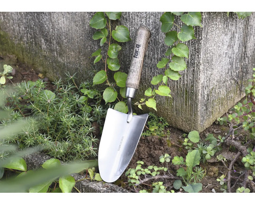 Transplantoir en acier inoxydable avec manche en bois dans le jardin