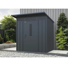 Abri de jardin métallique avec porte et fenêtre dans un jardin