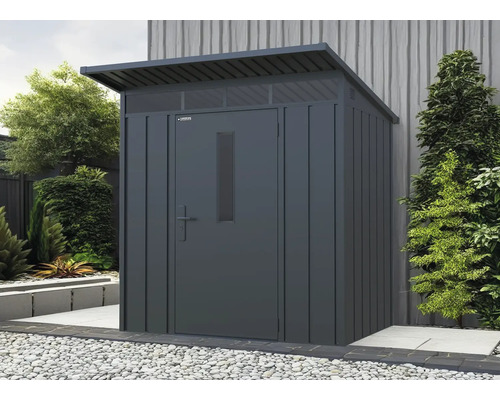 Gartenhaus Konsta Premium Pultdachhaus 3,7 m² 199 x 190 cm schwarz Metall Gerätehaus mit Tür und Fenster in einem Garten