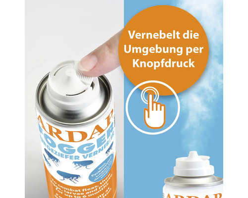 Detailaufnahme einer Spraydose zur Schädlingsbekämpfung mit Finger auf dem Sprühkopf