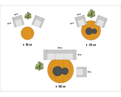 Skizze von drei Sitzgruppen mit Sesseln, Sofas und runden Tischen in verschiedenen Größen.