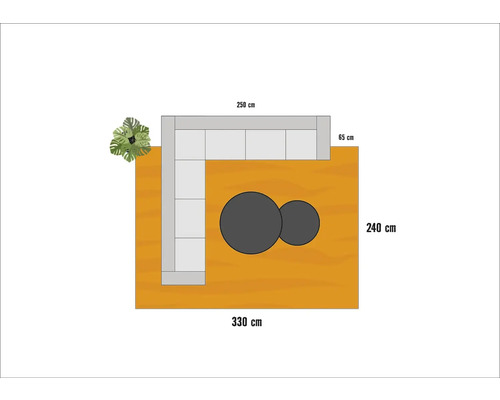Draufsicht einer Gartensitzgruppe mit Sofa und Tisch auf einer Fläche mit Größenangaben.