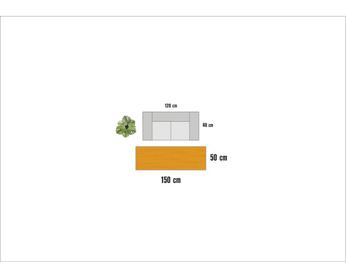 Vue de dessus d''un ensemble de sièges avec table et plante, dimensions indiquées en centimètres
