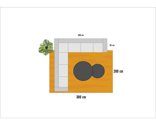 Vue de dessus d''un aménagement de salon avec canapé d''angle, tables basses et plante d''intérieur avec dimensions
