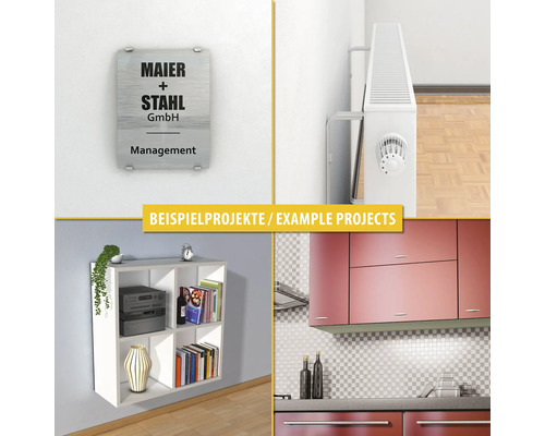 Beispiele für Projekte mit Produkten von Hornbach: Firmenschild, Heizkörper, Wandregal und Küchenzeile.