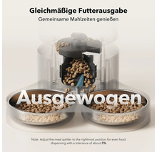 Automatischer Futterautomat für Haustiere mit zwei Futternäpfen, befüllt mit Futter.