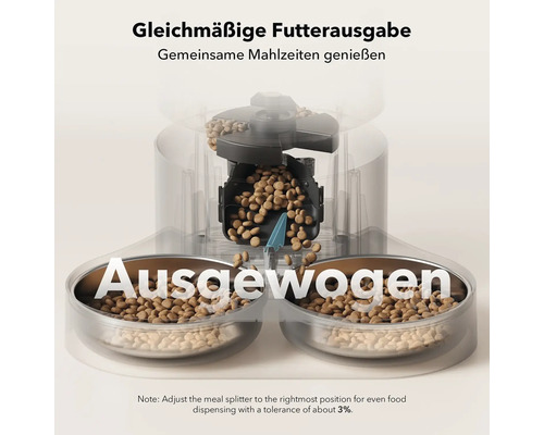 Automatischer Futterautomat für Haustiere mit zwei Futternäpfen, befüllt mit Futter.