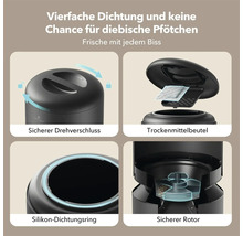 Merkmale des Petlibro Futterbehälters: Drehverschluss, Trockenmittelbeutel, Silikondichtungsring und Rotor