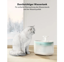 Katze neben einem Haustierbrunnen mit klarem Wasserbehälter