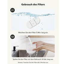 Anleitung zur Verwendung des Filters: Zuerst den Filter fuenf Minuten einweichen, danach vor dem Gebrauch 30 Sekunden ausspuelen.