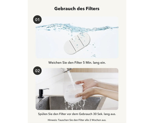 Anleitung zur Verwendung des Filters: Zuerst den Filter fuenf Minuten einweichen, danach vor dem Gebrauch 30 Sekunden ausspuelen.