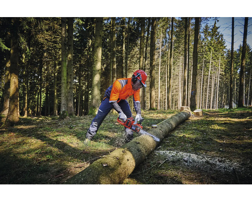 Une personne portant des vêtements de protection coupe un tronc d''arbre dans la forêt avec une tronçonneuse.