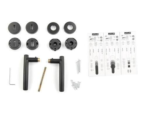 Komplette Türdrückergarnitur mit Rosetten, Vierkantstift, Schrauben, Inbusschlüssel und Montageanleitung