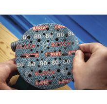 Un disque abrasif Bosch, grain 80 avec perforation, est monté sur une ponceuse