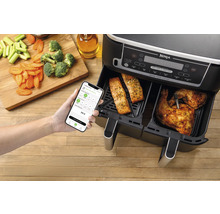 Friteuse double avec deux compartiments, saumon et poulet et commande par application