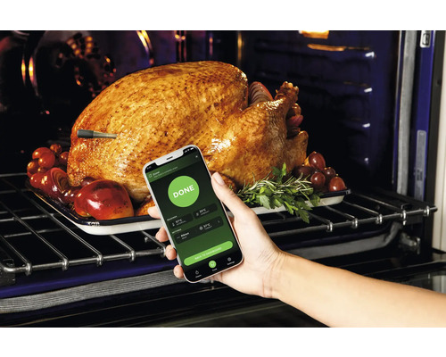Braten im Ofen mit Bratenthermometer und Smartphone-App zur Temperaturüberwachung