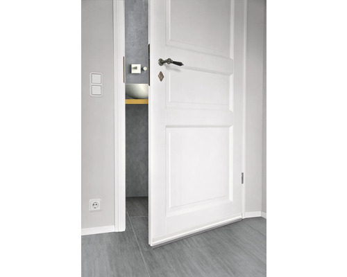 Teilweise geöffnete weiße Innentür mit Beschlägen