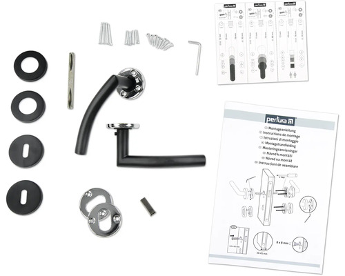 Komponenten für eine Türgarnitur mit Griff, Rosetten und Montageanleitung