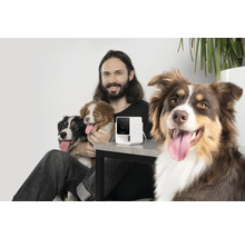 Un homme est assis à une table avec trois chiens et une caméra pour animaux de compagnie