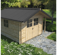 Holzgartenhaus mit Doppeltür und schwarzem Dach im Garten