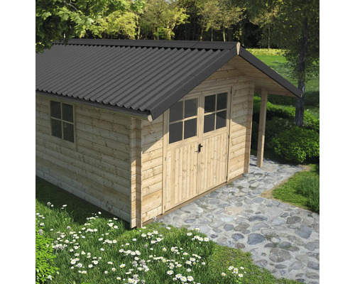 Holzgartenhaus mit Doppeltür und schwarzem Dach im Garten