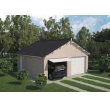 Doppelgarage mit Auto und Gartengestaltung