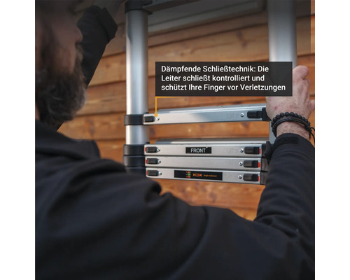 Ausziehleiter mit Dämpfungsfunktion schliesst kontrolliert und schützt Finger vor Verletzungen.