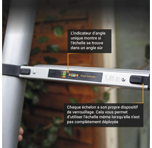 Vue détaillée d''une échelle avec indicateur d''angle et mécanisme de verrouillage par barreau