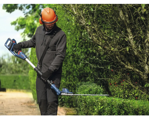 Une personne taille une haie avec un taille-haie télescopique à batterie Bosch.