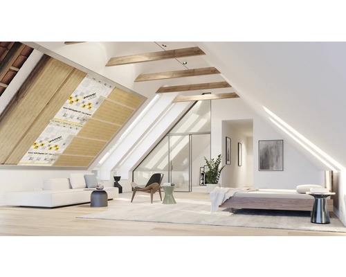 Chambre mansardée lumineuse avec isolation de toit et logo Isover
