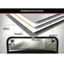 Schichtweiser Aufbau des feuerresistenten Designs einer Dokumententasche mit Silikon, Glasfaser und Aluminium.