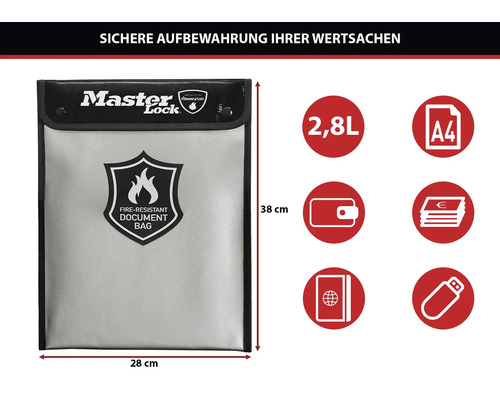 Feuerfeste Dokumententasche für Wertsachen wie A4-Dokumente, Pässe und USB-Sticks. 2,8 Liter Inhalt, 28 mal 38 Zentimeter. Master Lock Logo.
