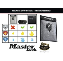 Master Lock Produktvergleich von Dokumententasche, Sicherheitskassette und Tresor bezüglich Sicherheit, Feuer- und Wasserbeständigkeit.