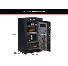 Abmessungen des schwarzen Tresors T0-331ML: Höhe 95 Zentimeter, Breite 52 Zentimeter, Tiefe 50,2 Zentimeter. Offener Tresor mit Regalböden.