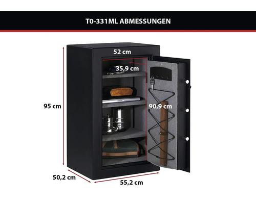 Abmessungen des schwarzen Tresors T0-331ML: Höhe 95 Zentimeter, Breite 52 Zentimeter, Tiefe 50,2 Zentimeter. Offener Tresor mit Regalböden.