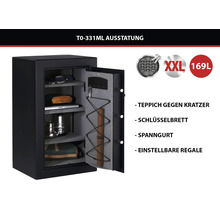 Möbeltresor mit 169 Liter Volumen, Teppichauskleidung, Schlüsselbrett, Spanngurt und verstellbaren Regalböden.