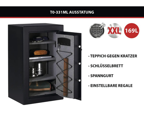 Möbeltresor mit 169 Liter Volumen, Teppichauskleidung, Schlüsselbrett, Spanngurt und verstellbaren Regalböden.