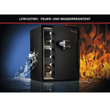 Schwarzer Master Lock Tresor LFW123TWC, feuerfest und wasserbeständig, mit Flammen und Spritzwasser zur Veranschaulichung der Schutzwirkung.