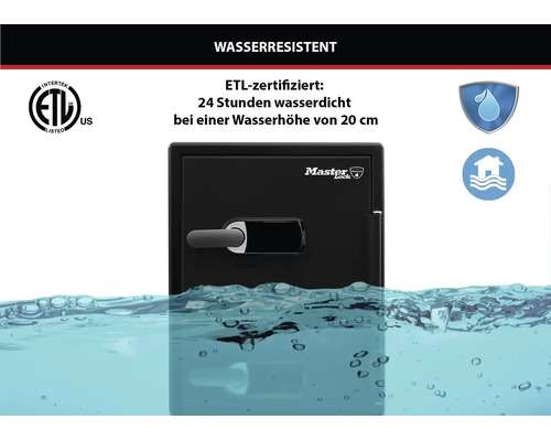 Master Lock Tresor, ETL-zertifiziert, 24 Stunden wasserdicht bei einer Wasserhöhe von 20 Zentimeter.