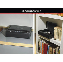 Master Lock Safe zur Aufbewahrung von Wertsachen auf einem Regal und auf einem Tisch